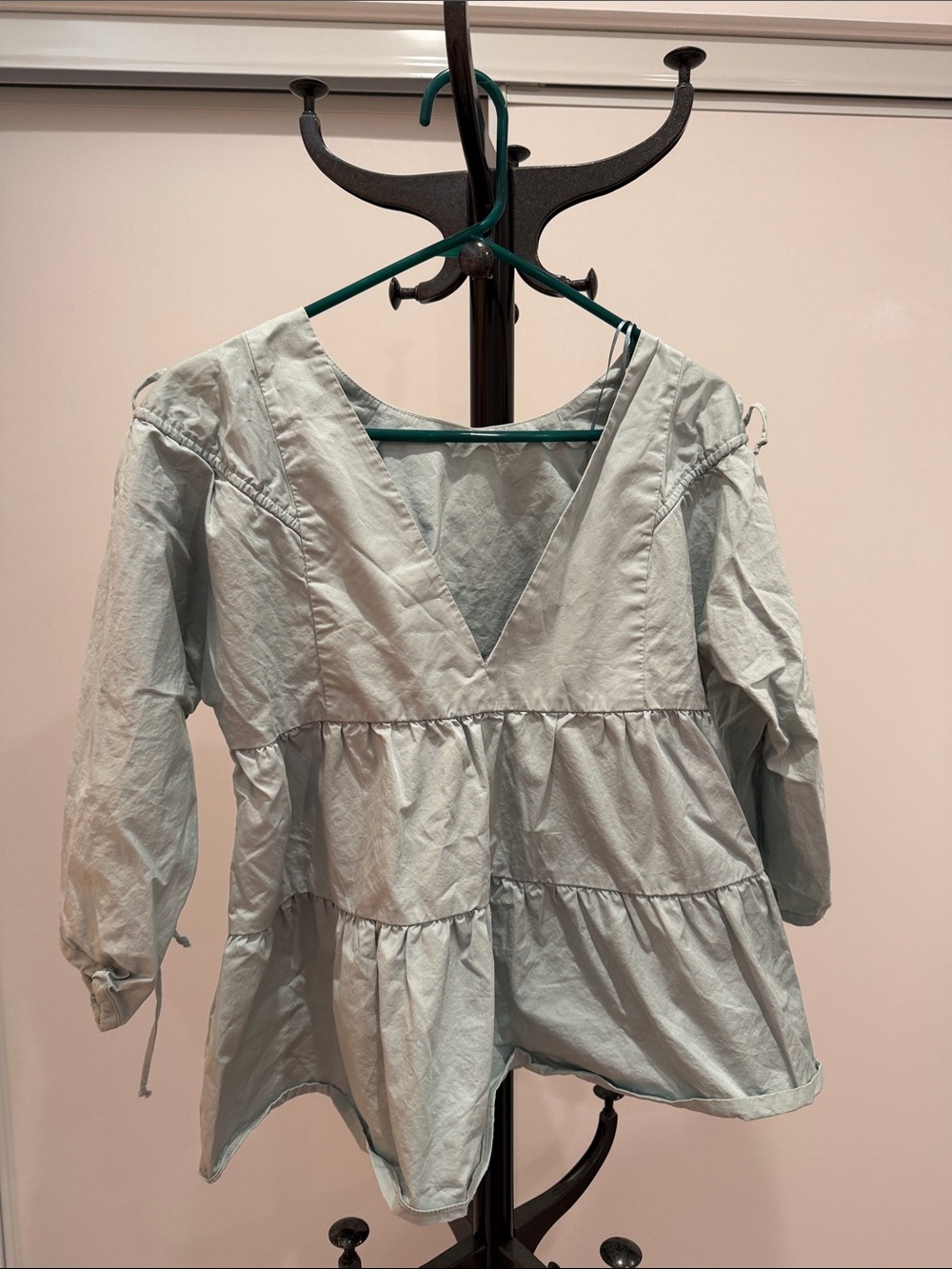 Zara Light Mint Tiered V-Neck Peasant Top